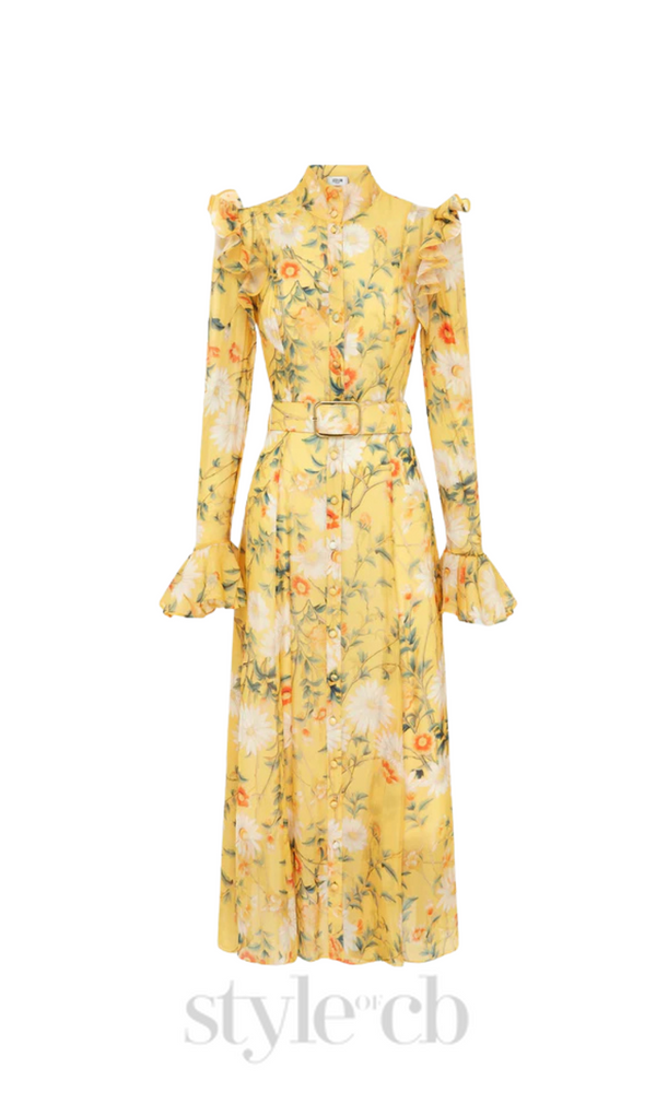 Daisy Print Butterfly Sleeve Midi Dress in yellow