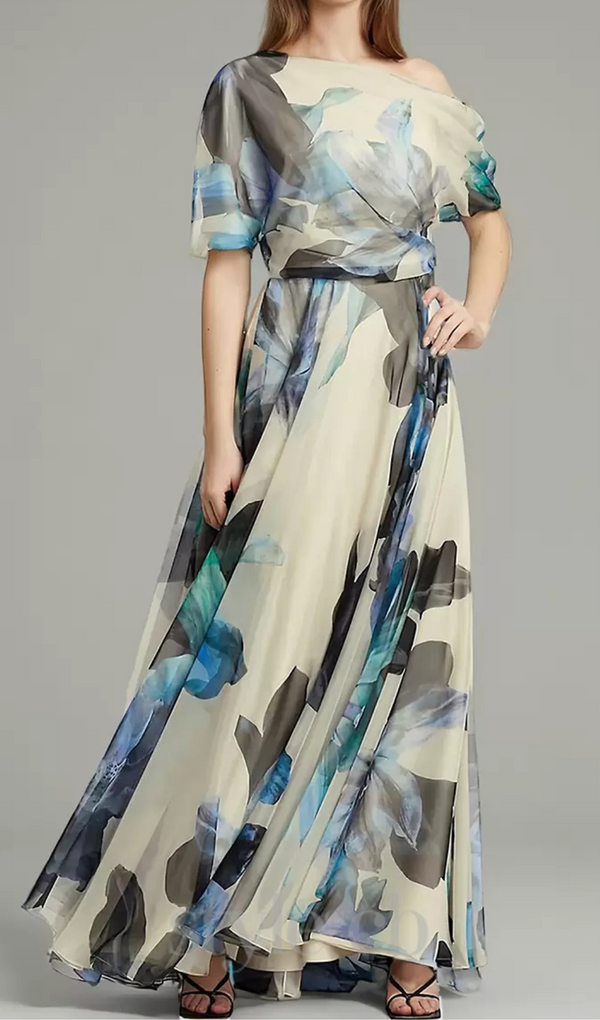 SANDRA MULTICOLOR ONE SHOULDER IRREGULAR CHIFFON MAXI DRESS