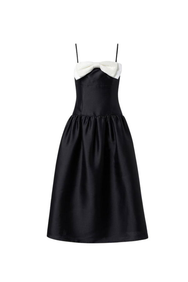 Bow-Detail Taffeta Midi Dress in black