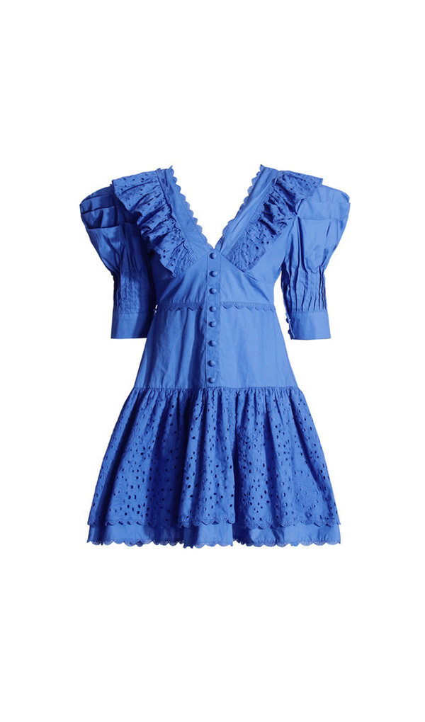 BLUE V-NECK EMBROIDERED RUFFLED MINI DRESS