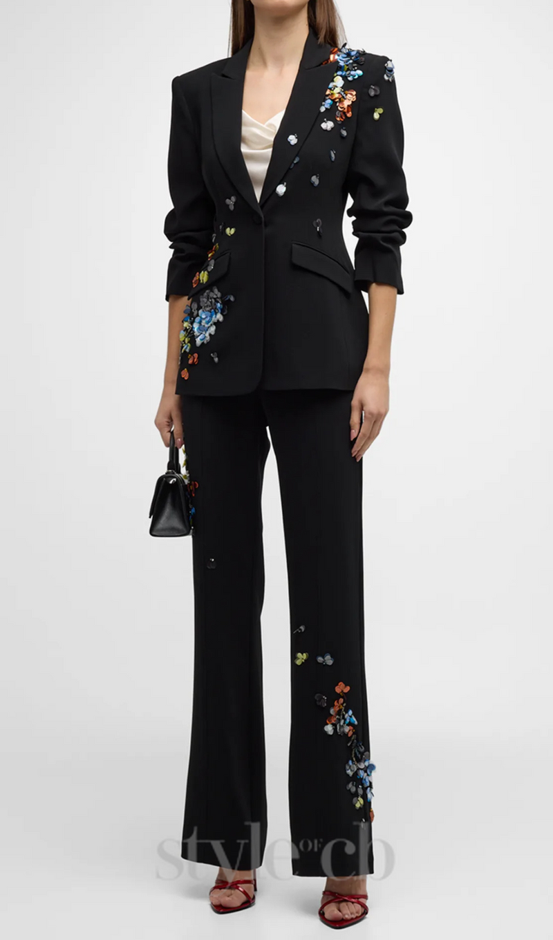 Sequin Flower Scrunched black Blazer set