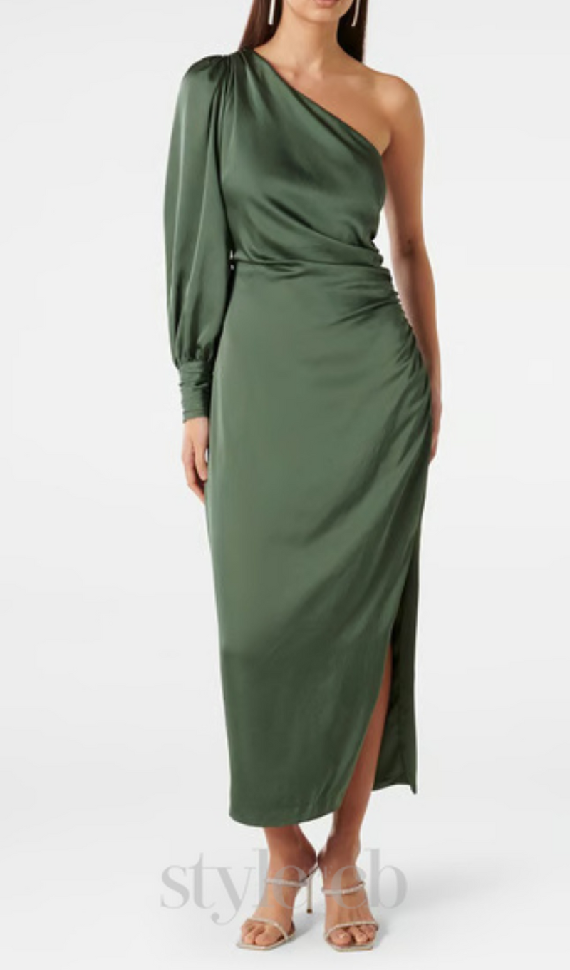 one-shoulder Long Sleeve Midi Dress in green