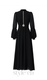 Lantern sleeve silk midi dress in black