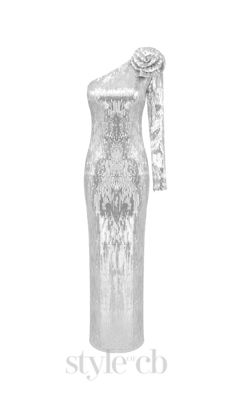 Floral-appliqué sequin gown in silver