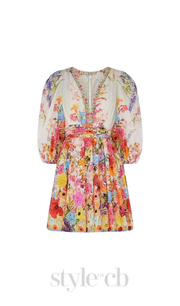 PUFF SLEEVE PRINT SILK MINI DRESS