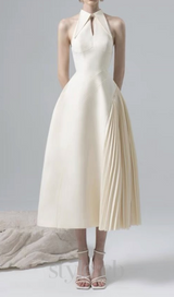 ASHLEY A-LINE PLEATED MIDI DRESS IN WHITE