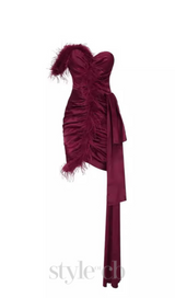 burgundy feather embellished strapless mini dress