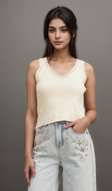 Celia white sequined fine-knit cropped top