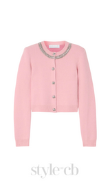 Rhinestone-embellishment padded-shoulders knitted cardigan in pink