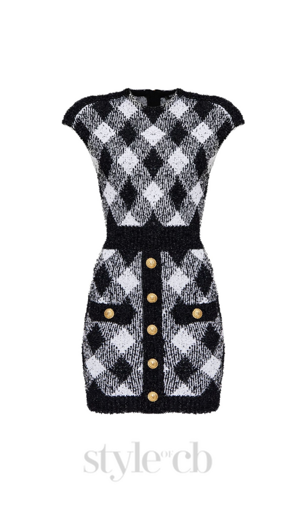 button-embellished plaid texture mini dress