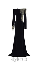 embroidered velvet maxi dress in black