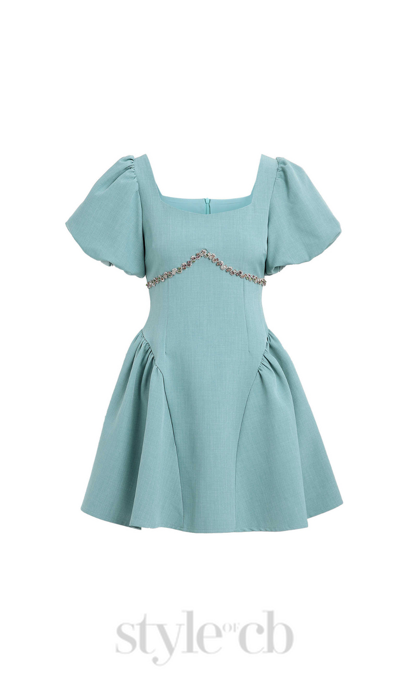 PUFF SLEEVES WAIST-TIGHTENING MINI DRESS IN GREEN