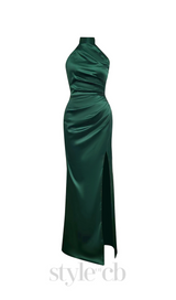 EMMA HALTER SLIT SATIN MERMAID MAXI DRESS IN GREEN