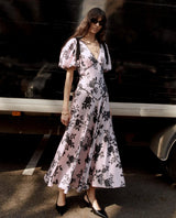 v-neck Satin Floral Midi Dress in pink