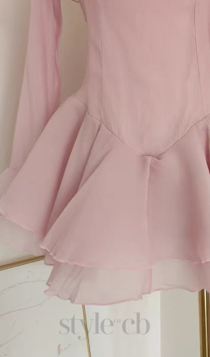 BRANDEE PINK LONG SLEEVE RUFFLE HEM MINI DRESS