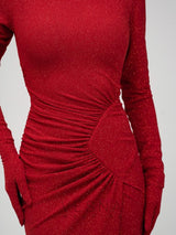 RED SEQUIN-EMBELLISHED RUCHED MAXI DRESS