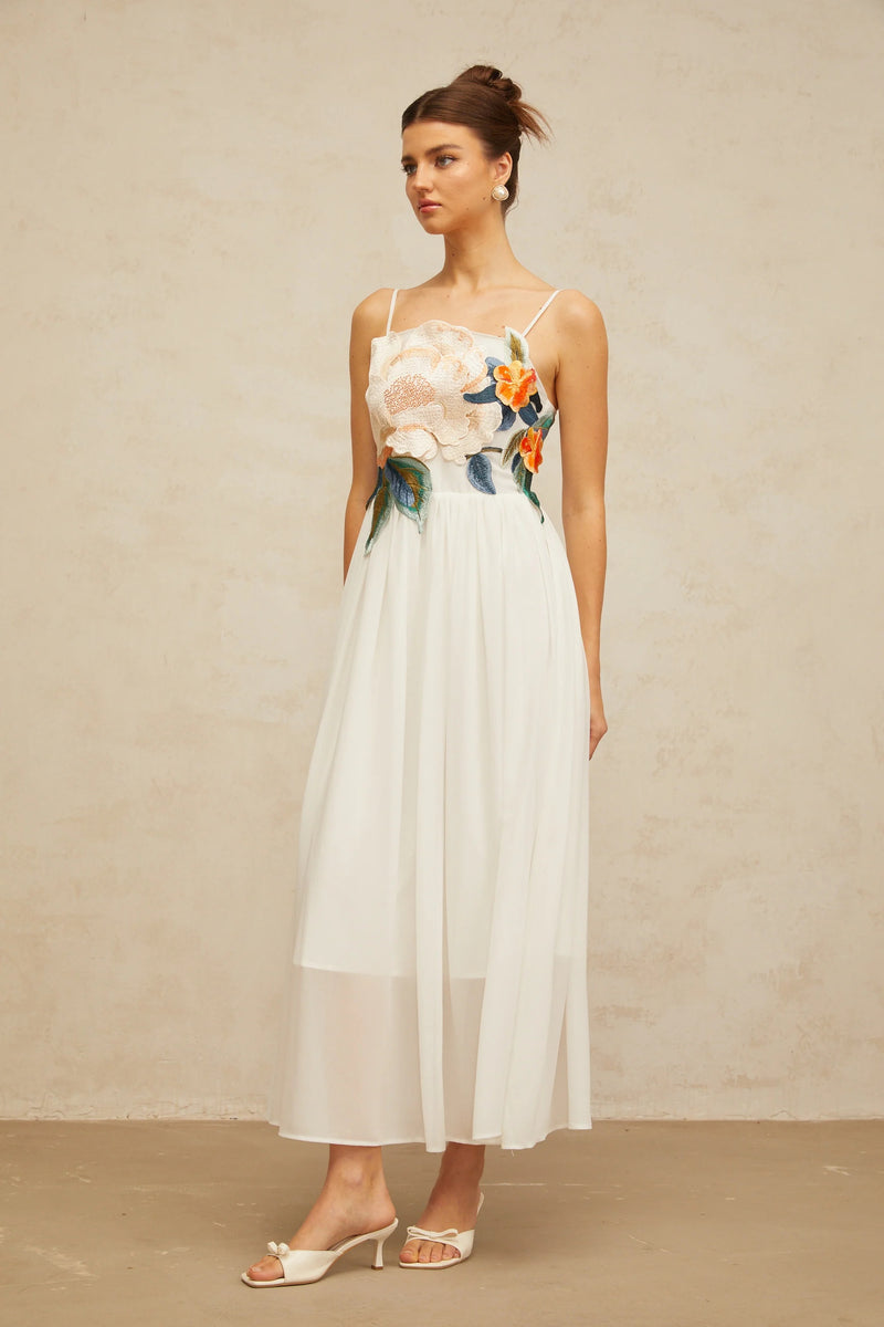 joann Appliqué Camellia Floral Maxi Dress in white