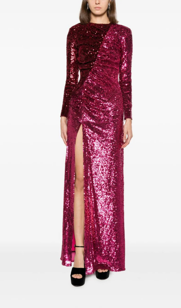 BURGUNDY RUCHED SEQUINED MAXI DRESS