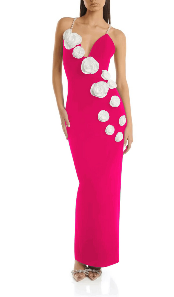 FLOWER PEARL STRAPS MAXI DRESS HOT PINK