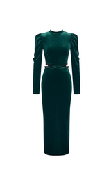 PUFF LACE VELVET MIDI DRESS IN GREEN