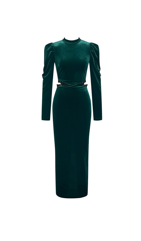 PUFF LACE VELVET MIDI DRESS IN GREEN