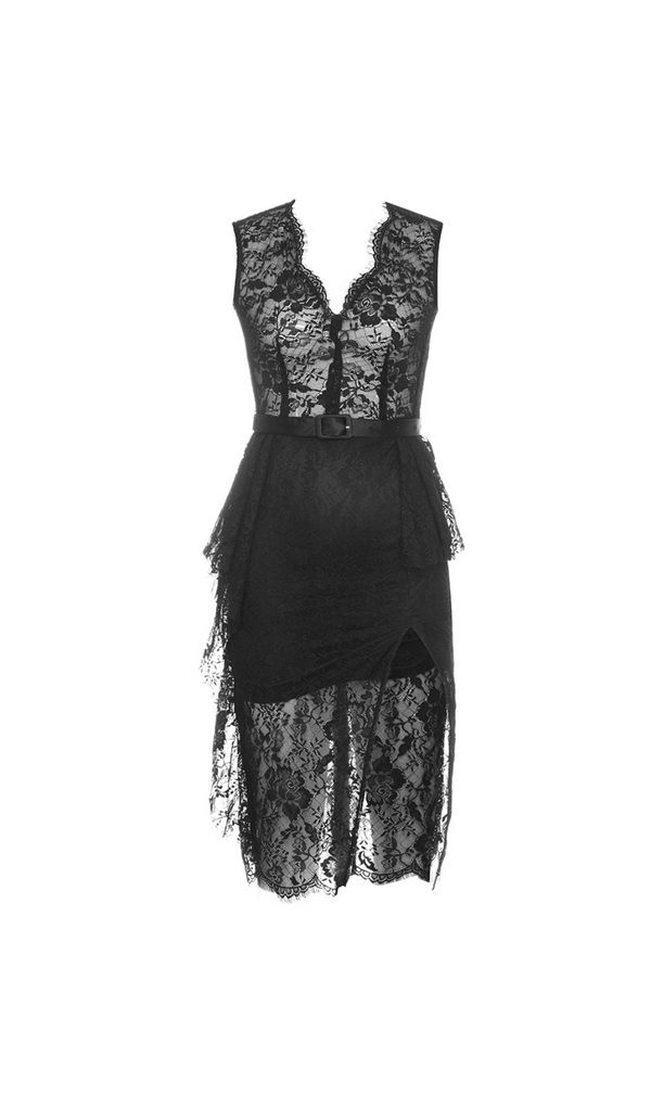 V-NECK LACE SLIM-FIT WAISTLINE DRESS