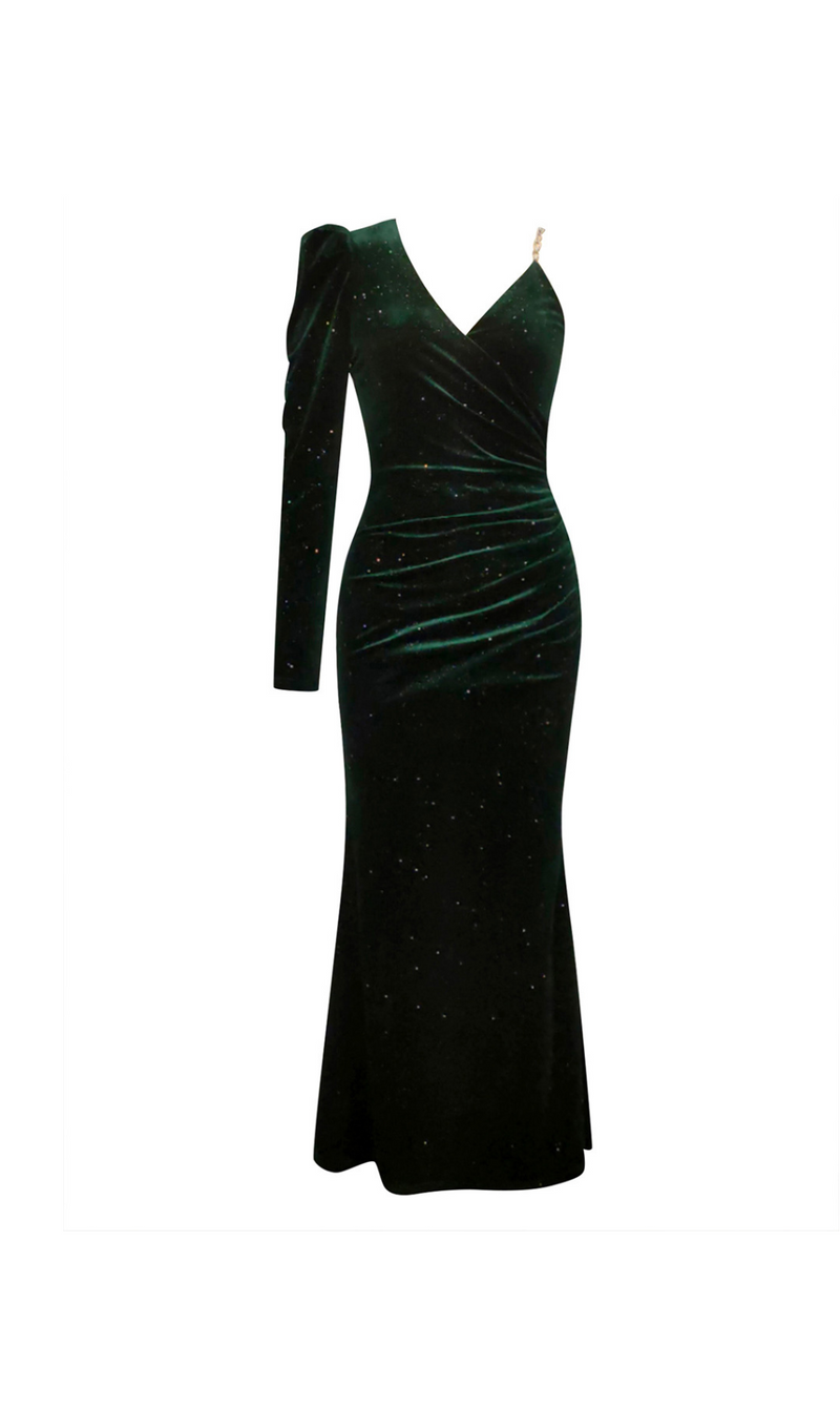 GREEN SINGLE SLEEVE VELVET MAXI DRESS