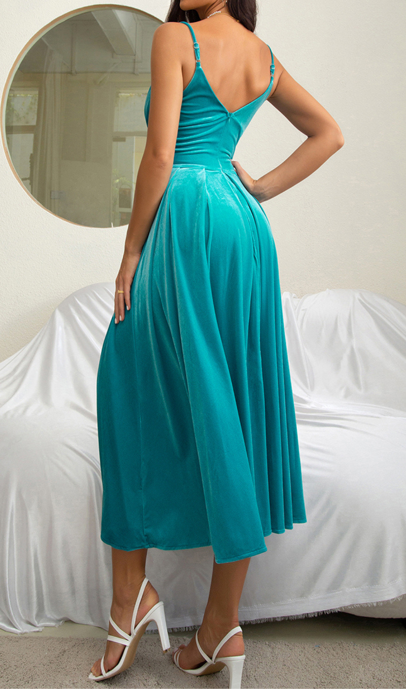 VELVET DRESS FRONT SLIT IN BLUE GREEN