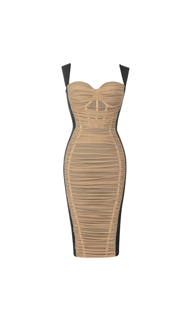 RUCHED BUSTIER MESH BODYCON DRESS