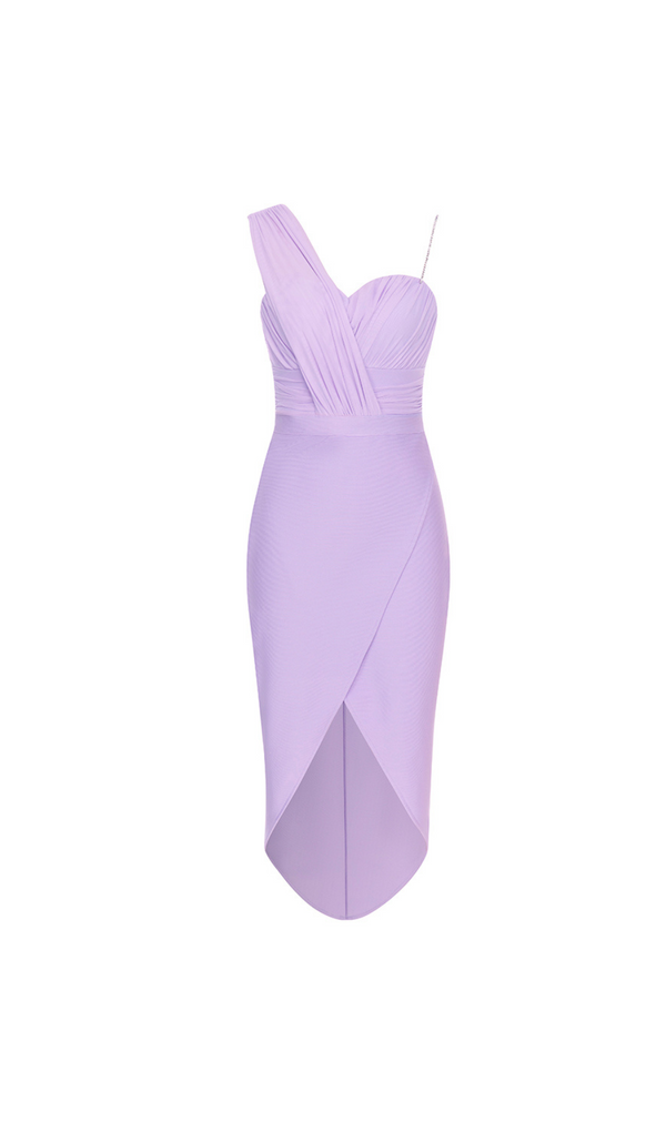 DRAPED CRYSTAL STRAP HIGH LOW DRESS