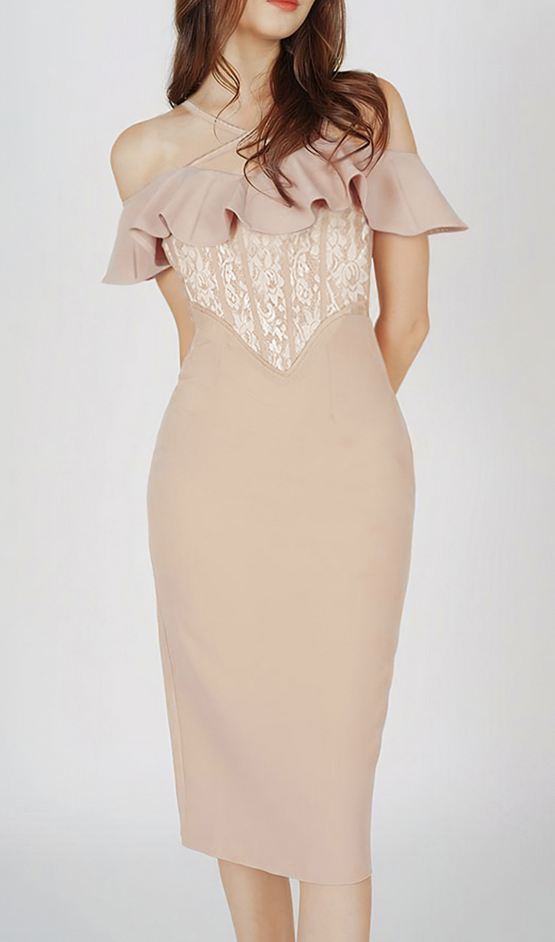 HALTER RUFFLE LACE CORSET MIDI DRESS NUDE