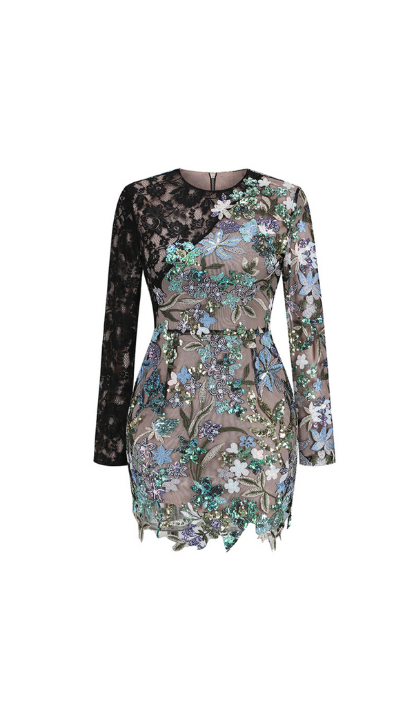 LONG SLEEVE LACE SEQUIN FLORAL DRESS