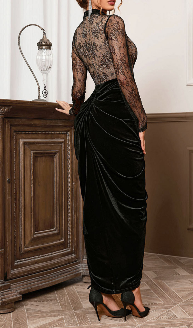 LONG SLEEVE SEQUIN LACE DRAPED MAXI VELVET DRESS IN BLACK