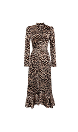 LEOPARD PRINT MOCK NECK RUFFLE TRIM WRAP HEM DRESS