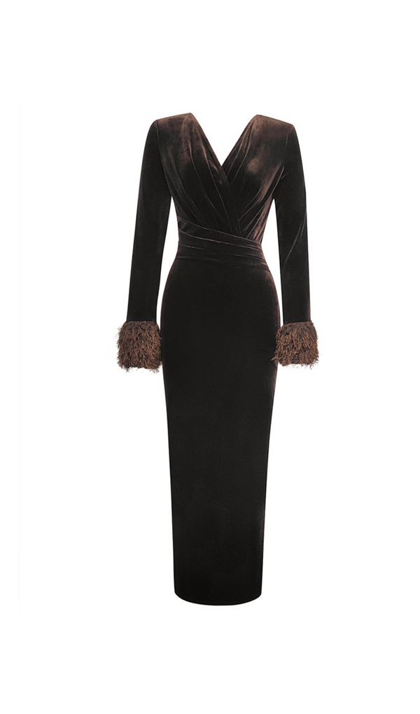 LONG SLEEVE FEATHER MAXI VELVET DRESS IN BROWN