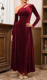 LONG SLEEVE STRAPLESS VELVET A-LINE DRESS