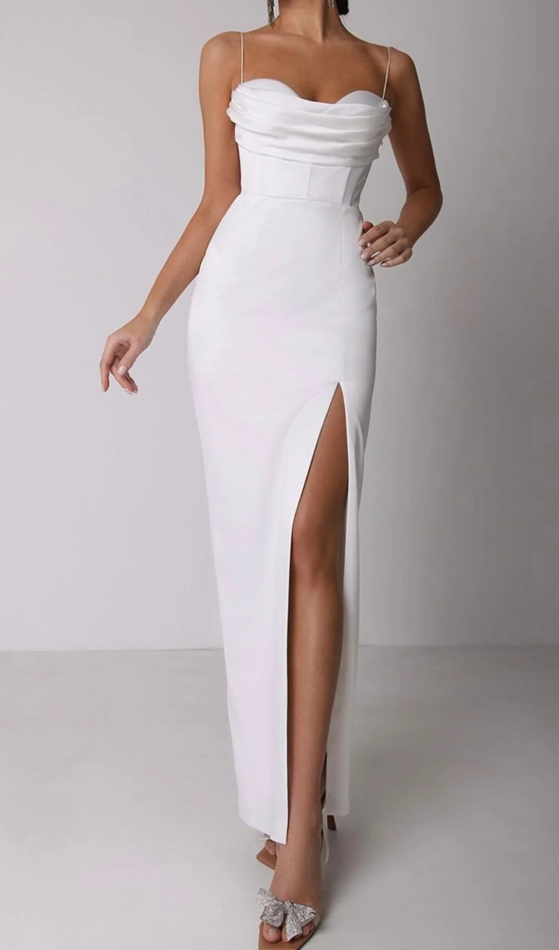 WHITE BACK BANDAGE MAXI DRESS WITH GLOVES