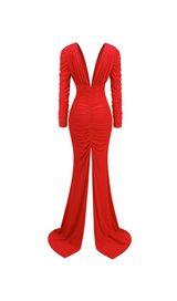 LONG SLEEVE RUCHED MERMAID MAXI DRESS RED