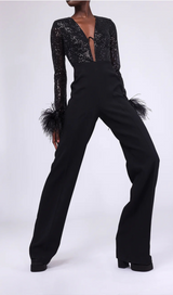 LONG SLEEVE SEQUIN FEATHER JUMPSUIT BLACK