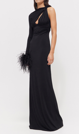 ONE SLEEVE FEATHER MAXI DRESS BLACK