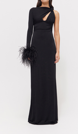 ONE SLEEVE FEATHER MAXI DRESS BLACK