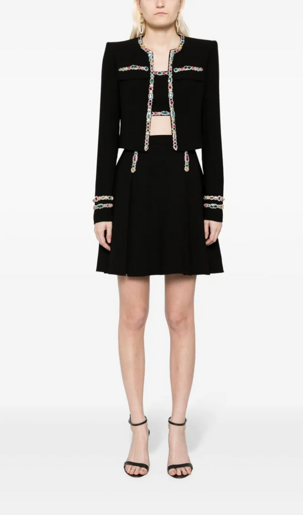 CRYSTAL-EMBELLISHED CADY CROPPED JACKET SKIRT SUIT