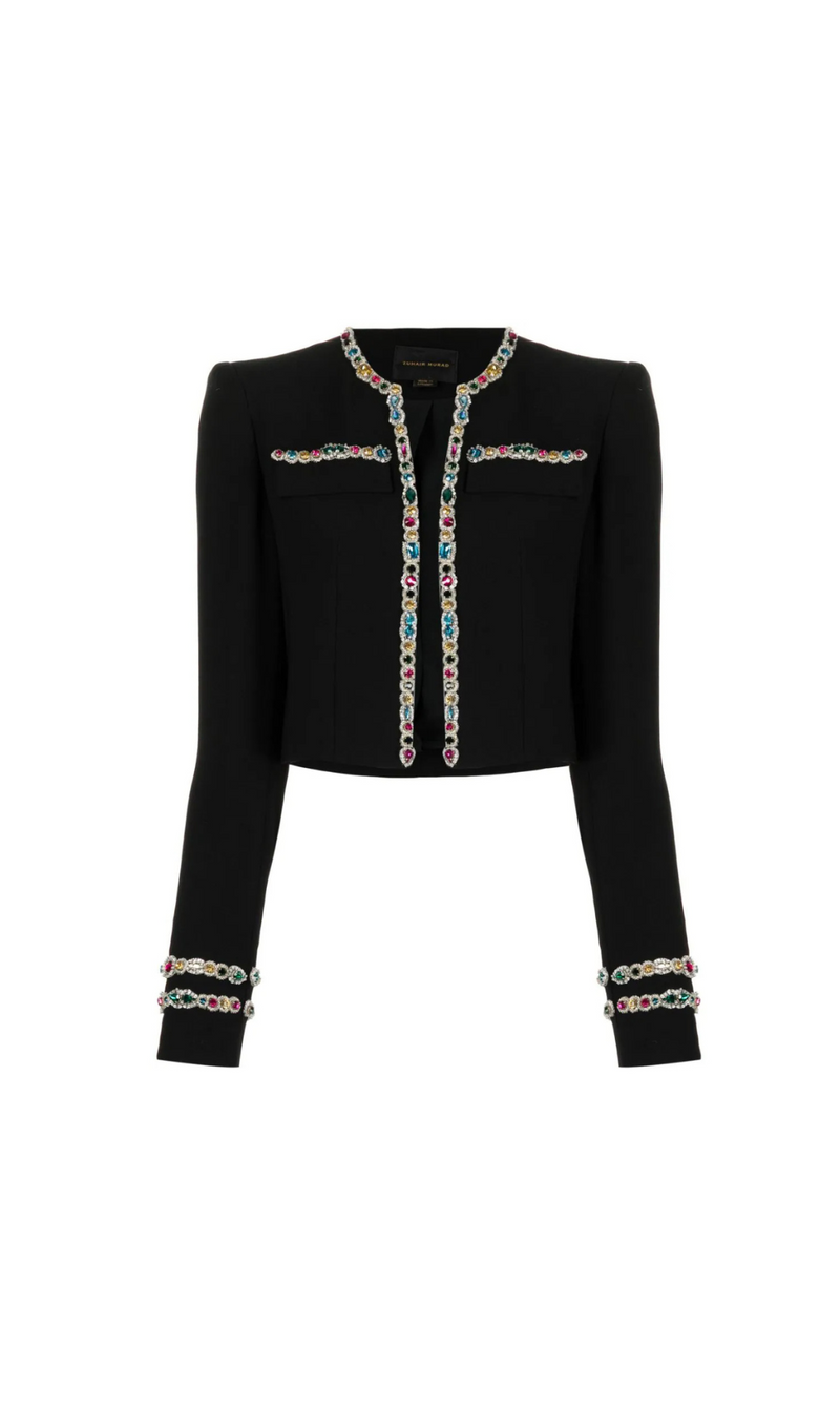 CRYSTAL-EMBELLISHED CADY CROPPED JACKET SKIRT SUIT