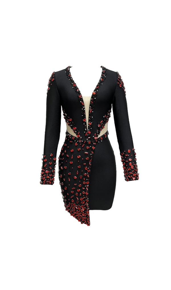LONG SLEEVE RED CRYSTALS DRESS BLACK