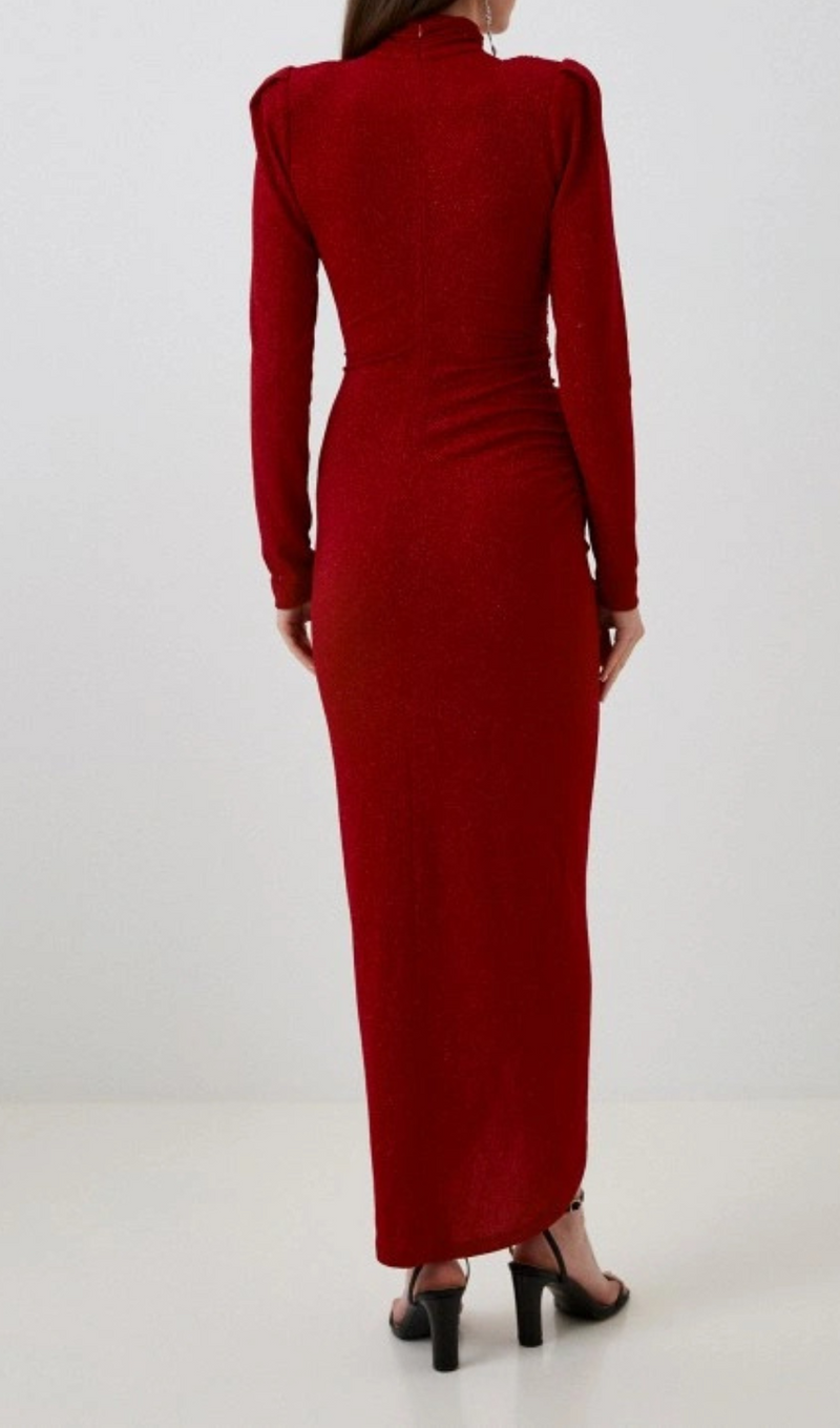 RED SEQUIN-EMBELLISHED RUCHED MAXI DRESS