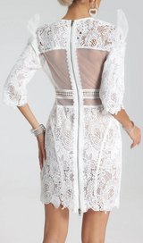 MIDI SLEEVE HALF BACKLESS SHORT WHITE GUIPURE DRESS