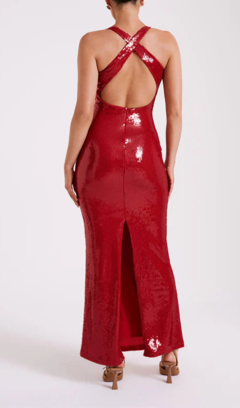 ROSE SEQUIN MAXI DRESS IN RED