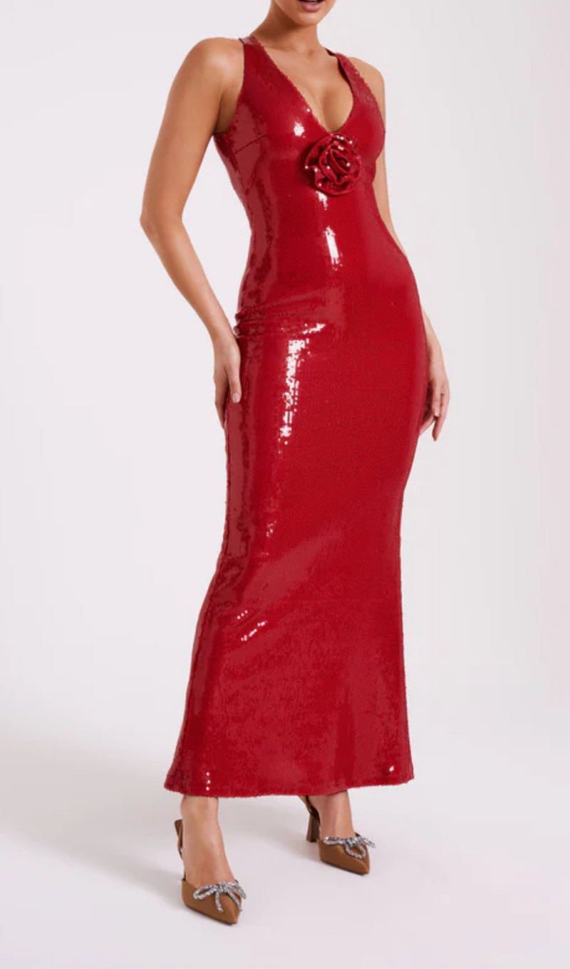 ROSE SEQUIN MAXI DRESS IN RED