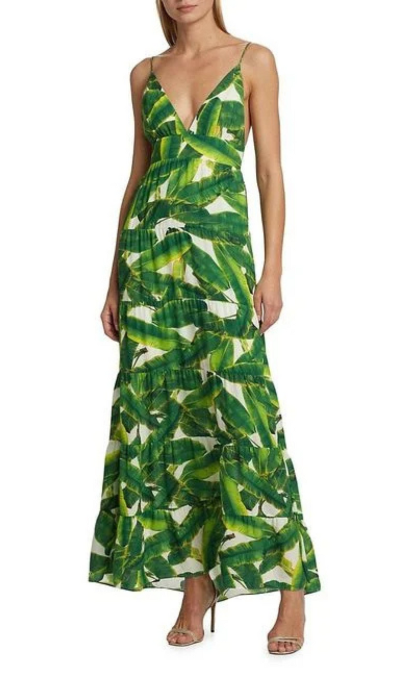 LEAF-PRINT STRAP MAXI DRESS