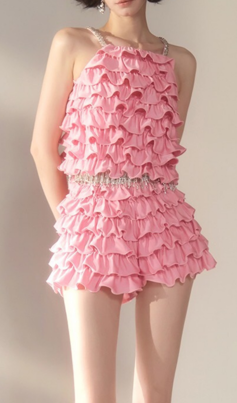 RUFFLE EMBELLISHED SHORTS TOP SET IN PINK
